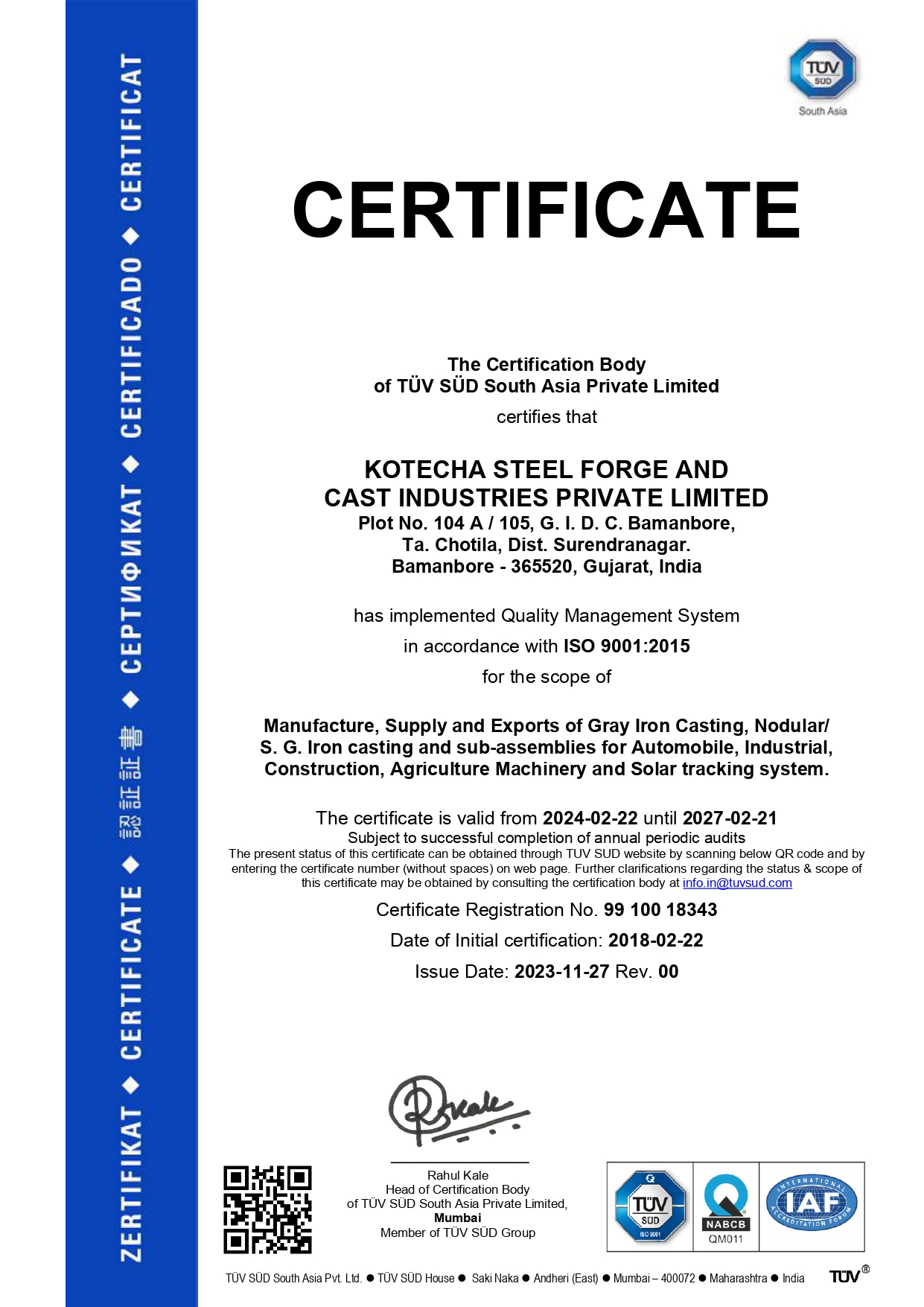 ISO 9001:2015 Certification.
